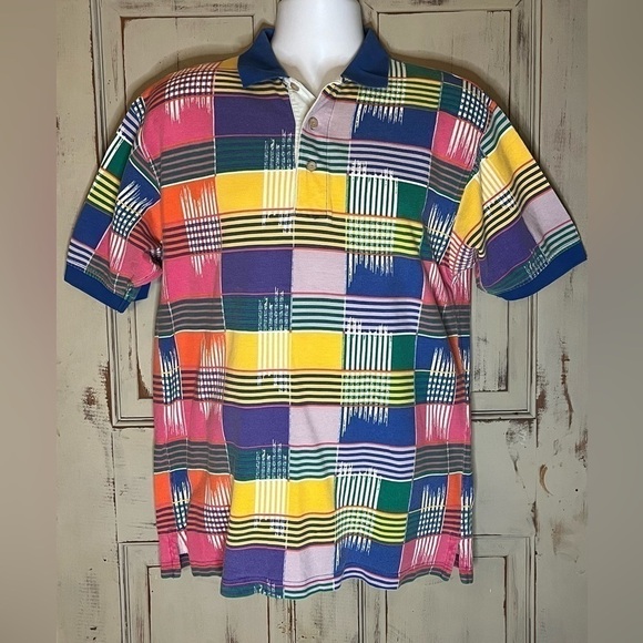 Vintage 90s Cotton Trader rainbow patchwork plaid check coogi-style polo shirt M - Picture 4 of 5